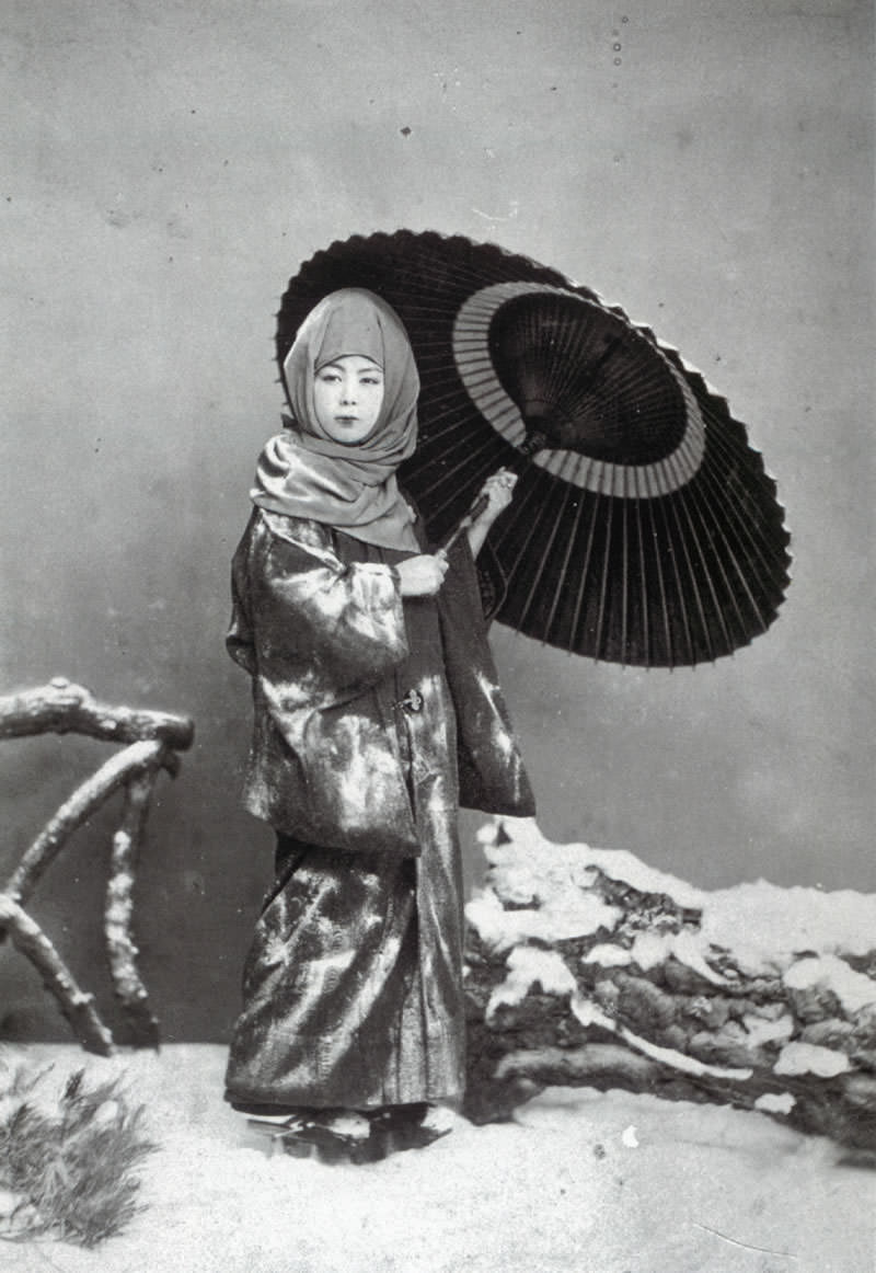 お高祖頭巾の女性（日下部金兵衛撮影、明治時代の美人ランキング）の拡大画像