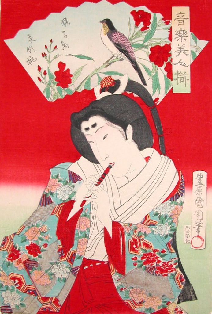 音楽美人揃　植松務子　夾竹桃・獦子鳥（1878年）豊原国周（拡大画像）